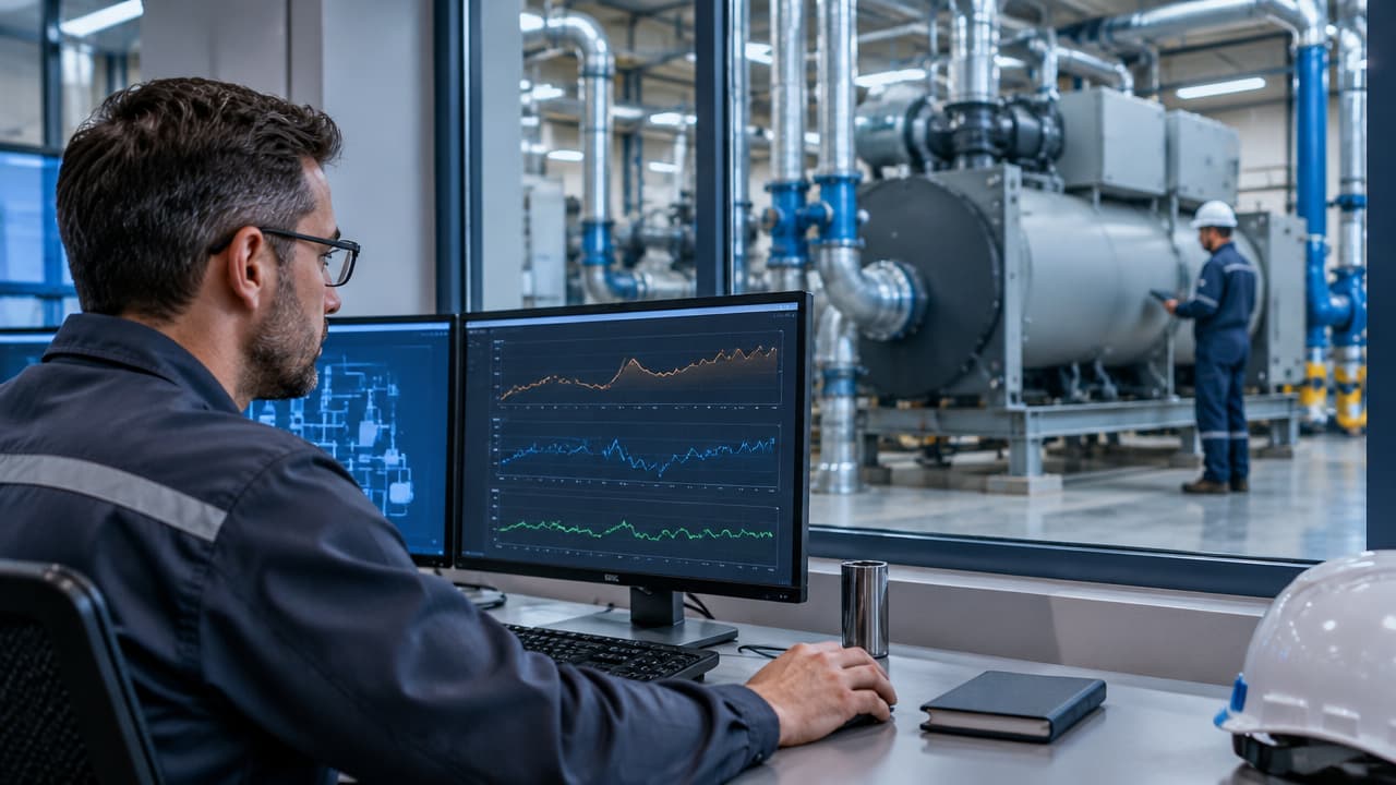 Ingeniera acompaña datos de condición mientras un técnico inspecciona un chiller industrial