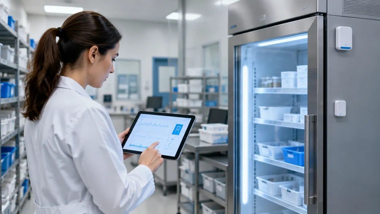 Engenheira clínica analisa sensores e sinais operacionais de uma geladeira de medicamentos