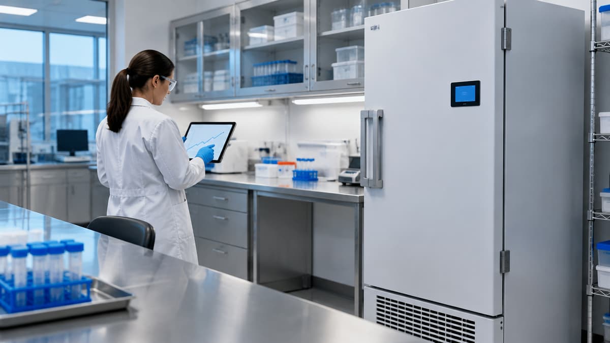 Equipe de pesquisa clínica verifica um ultracongelador e registros digitais de temperatura de amostras