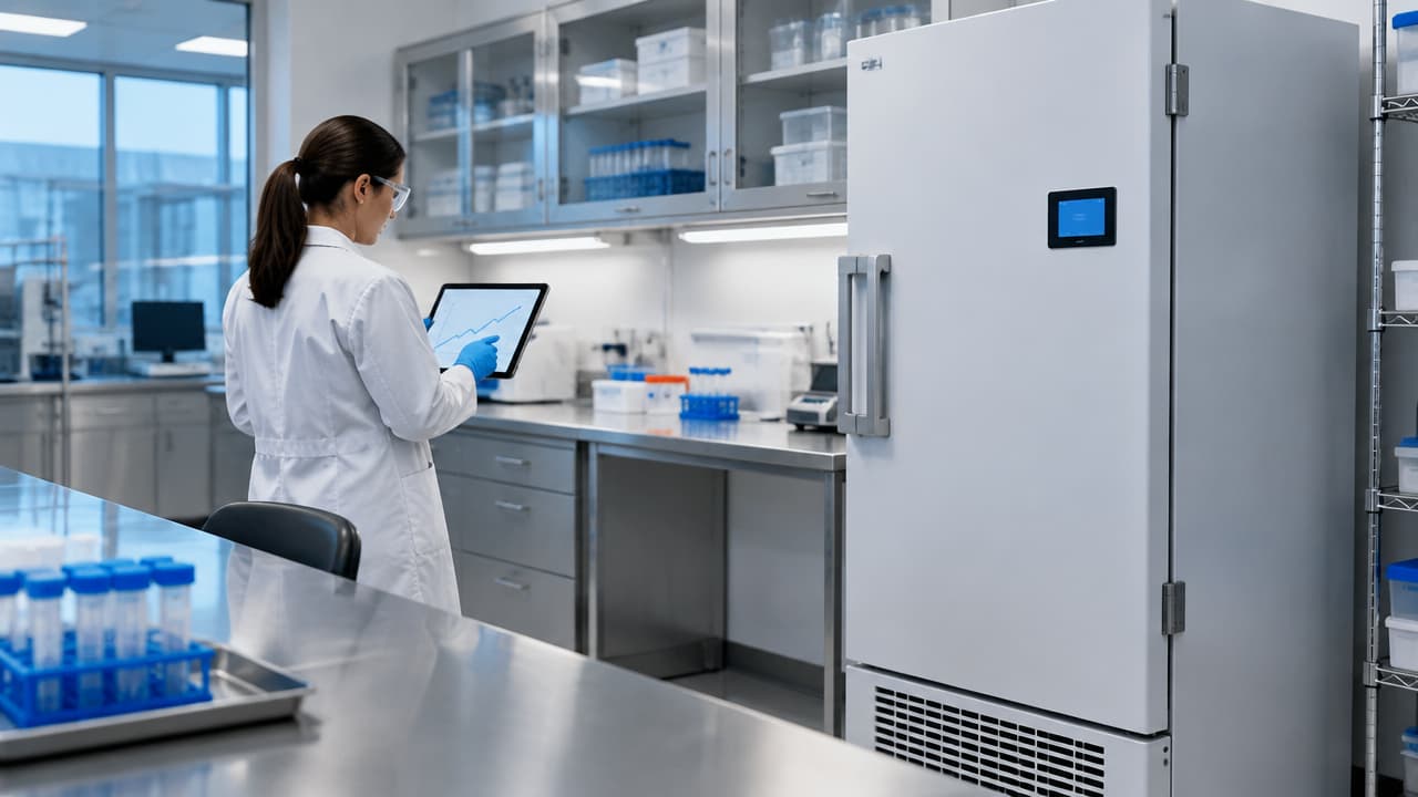 Equipe de pesquisa clínica verifica um ultracongelador e registros digitais de temperatura de amostras