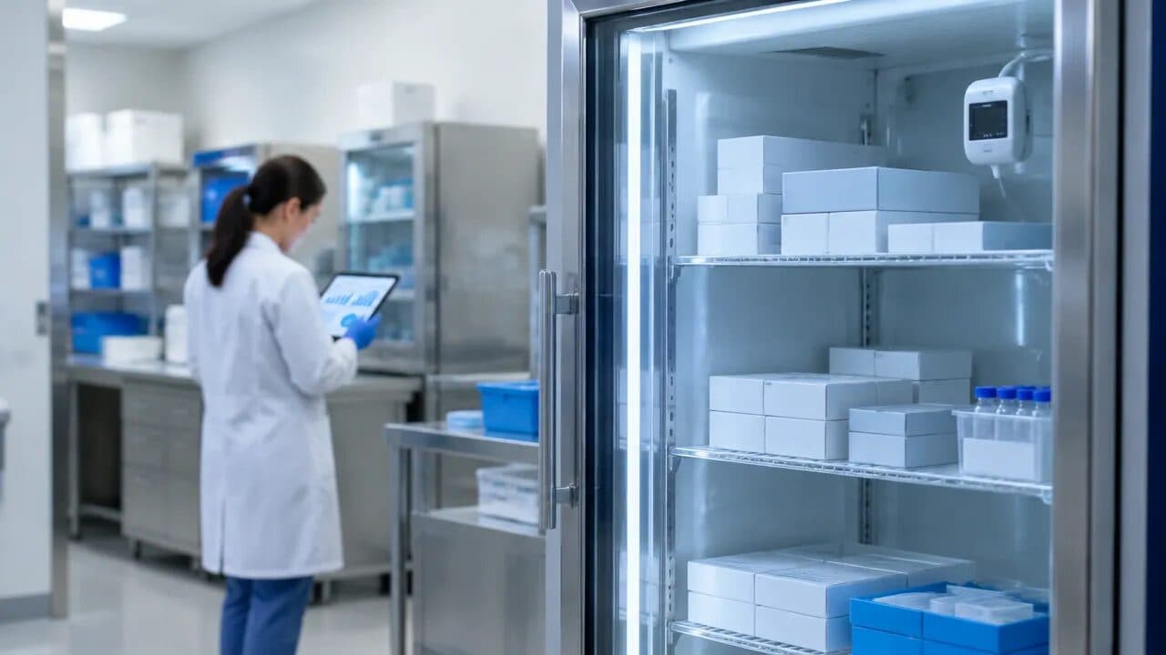 Geladeira de pesquisa clínica com sensor de temperatura e profissional revisando registros