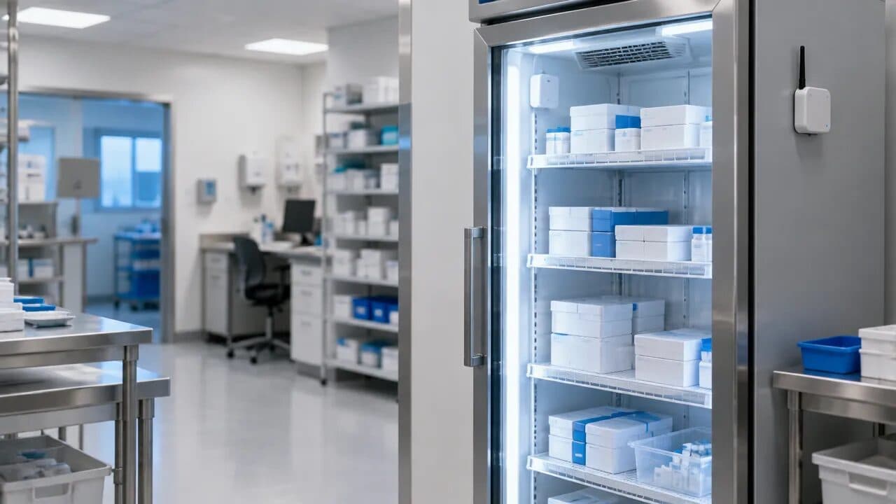 Geladeira hospitalar de medicamentos equipada com sensor de temperatura e gateway sem fio
