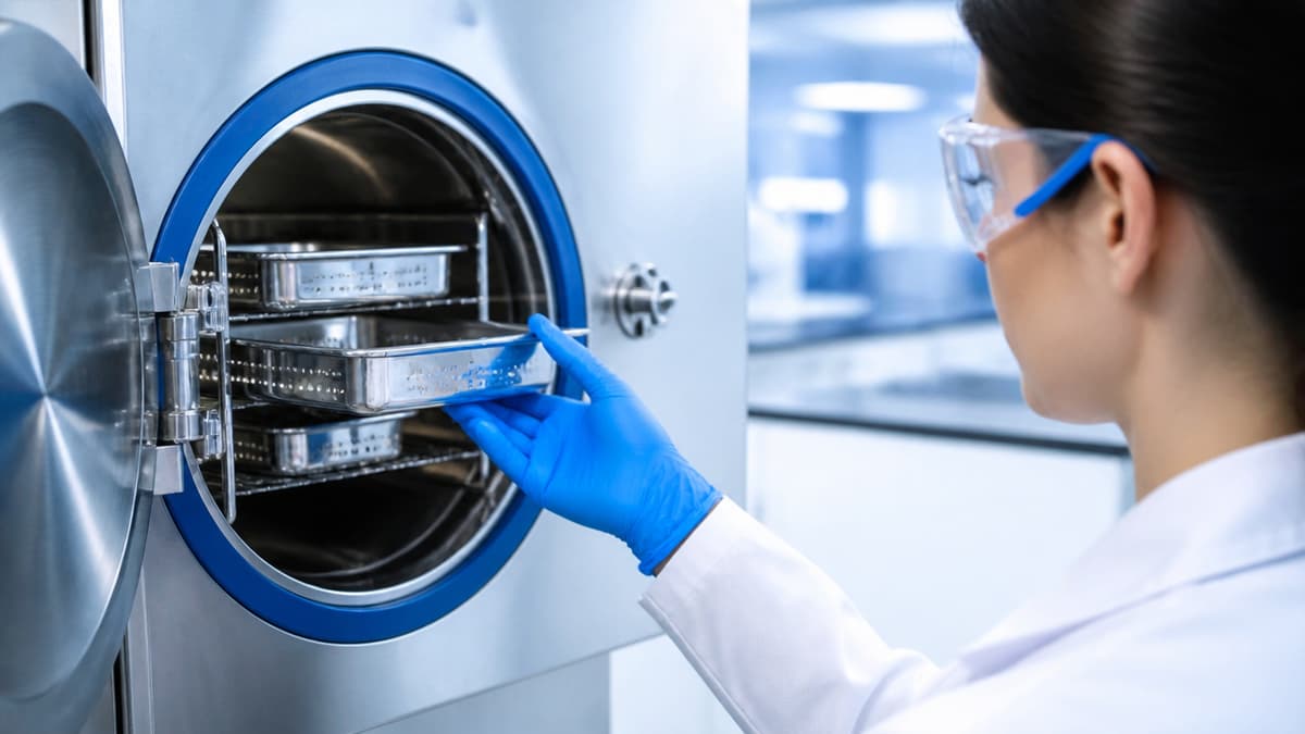 Técnico em laboratório observando autoclave moderna com apoio de análise de dados preditiva