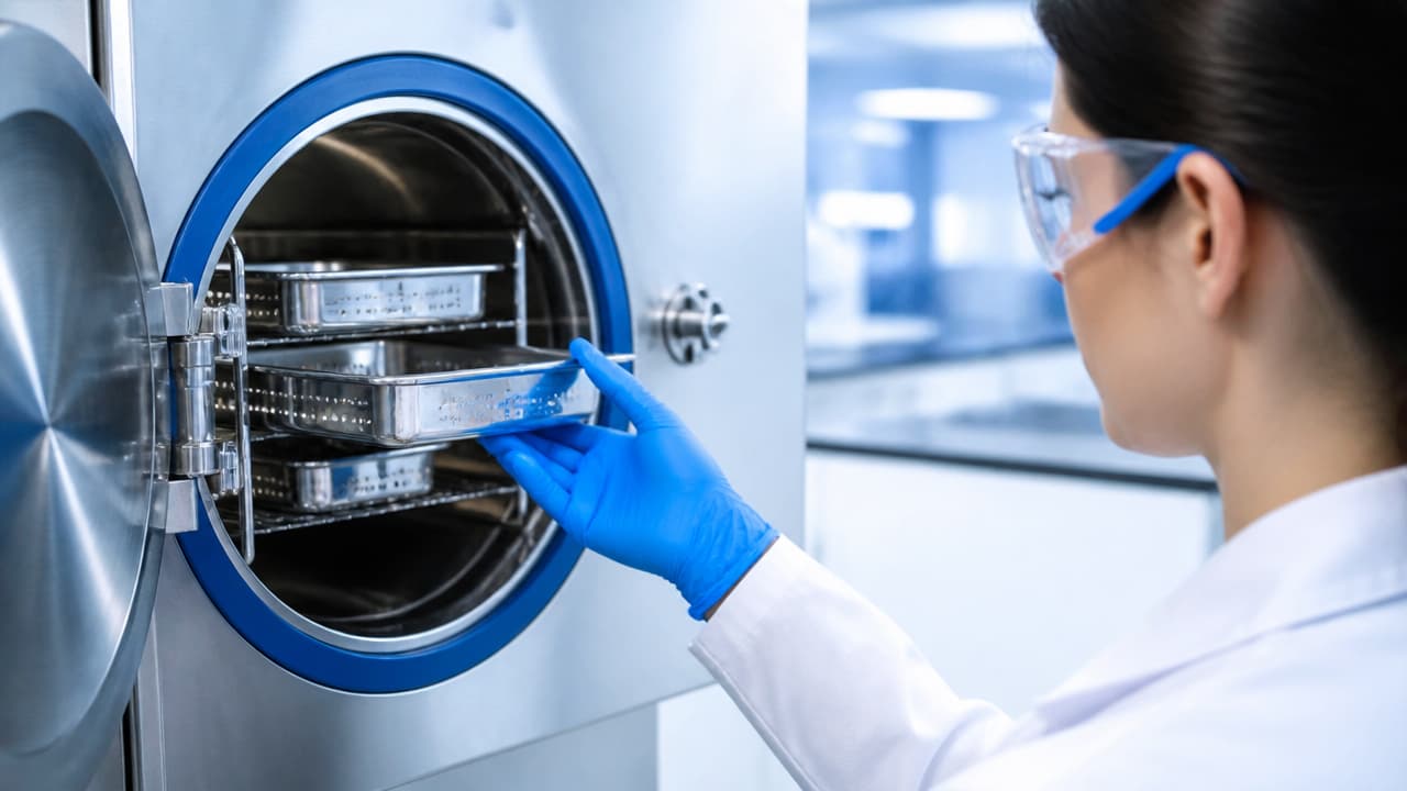 Técnico em laboratório observando autoclave moderna com apoio de análise de dados preditiva