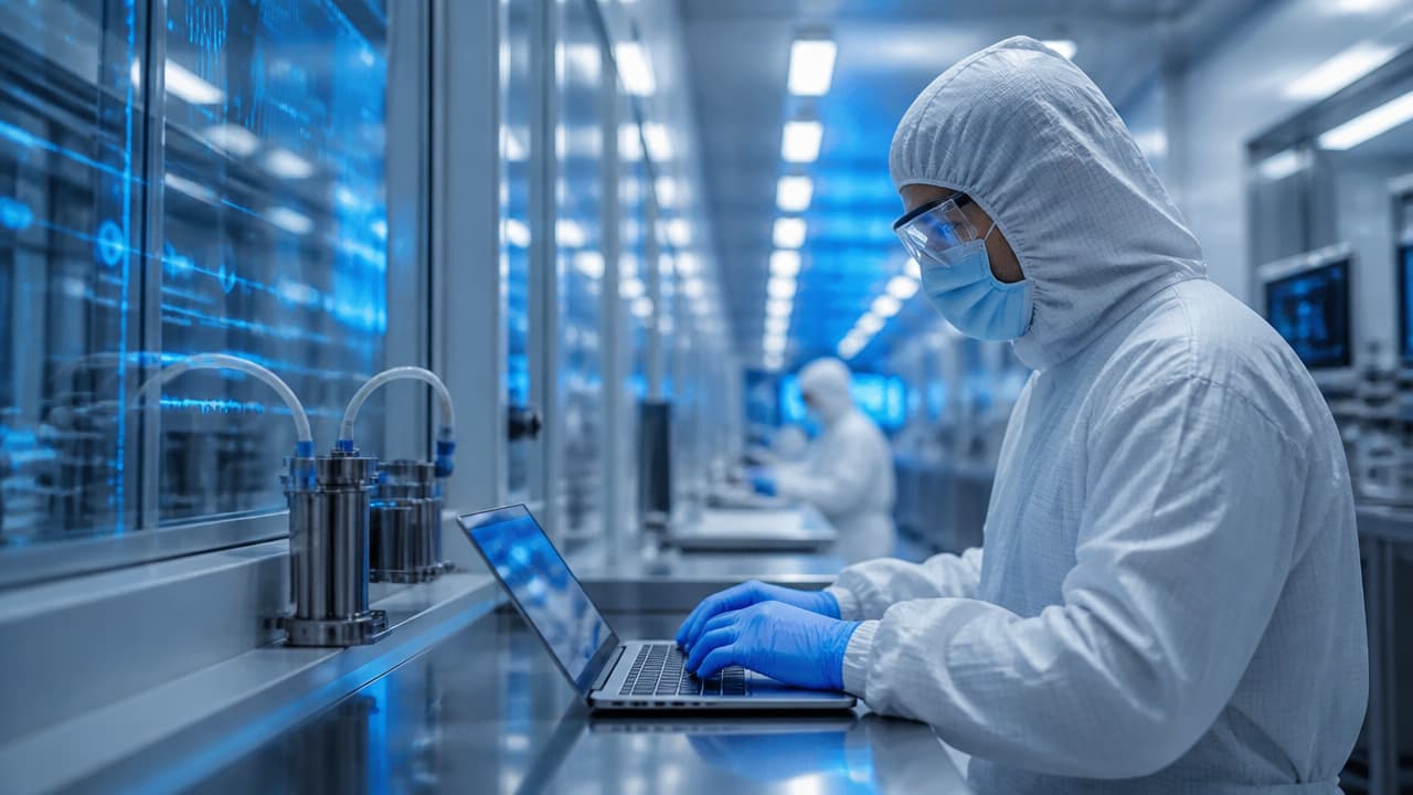 Equipe técnica em sala limpa acompanhando indicadores de risco em painel digital