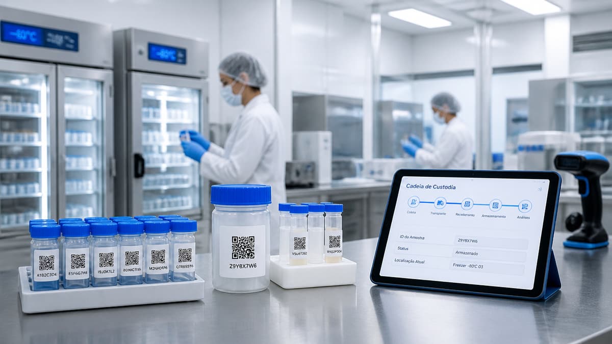 Profissionais em laboratório utilizando identificação digital e monitoramento de amostras com etiquetas e tablet