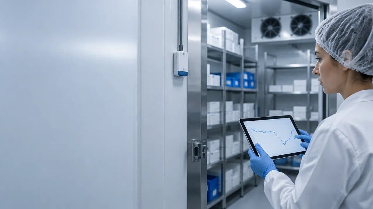 Profissional de qualidade verifica uma câmara fria farmacêutica enquanto analisa um histórico térmico com uma lacuna.