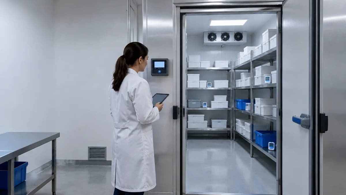 Profissional inspeciona o interior de uma câmara fria farmacêutica durante avaliação térmica