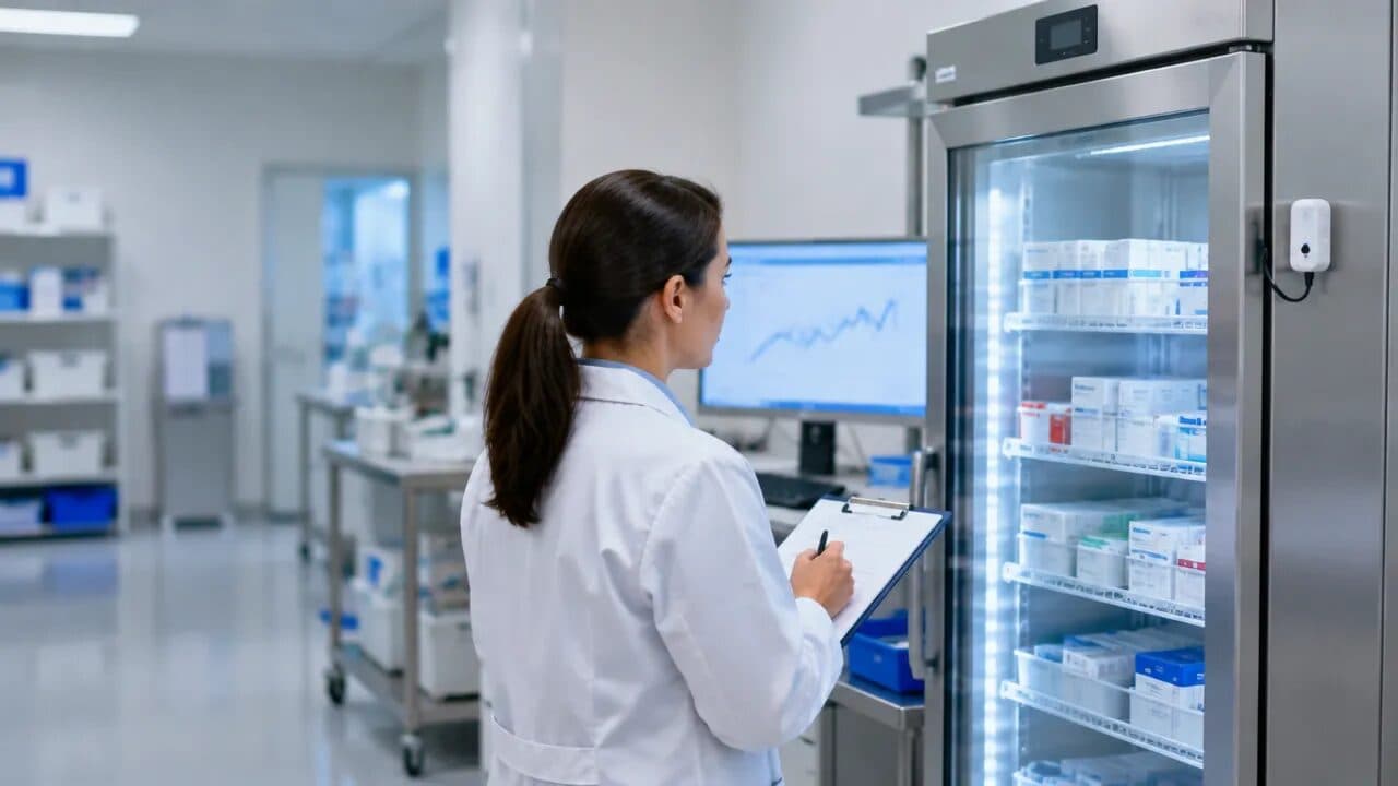 Profissional verifica sensor e registros de temperatura de uma geladeira de medicamentos em farmácia hospitalar