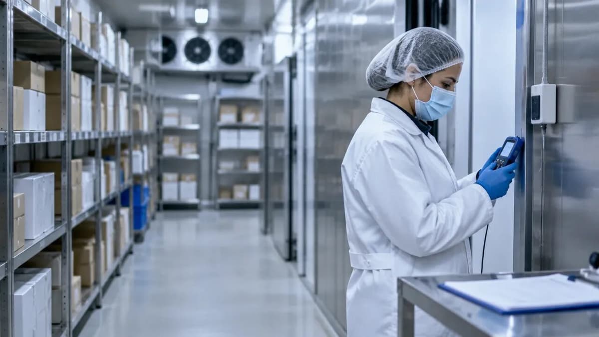 Responsável pela qualidade verifica registrador de temperatura em uma área de armazenagem refrigerada de medicamentos durante preparação para auditoria.