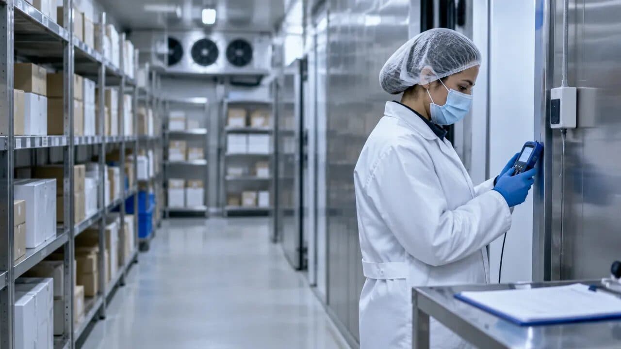 Responsável pela qualidade verifica registrador de temperatura em uma área de armazenagem refrigerada de medicamentos durante preparação para auditoria.