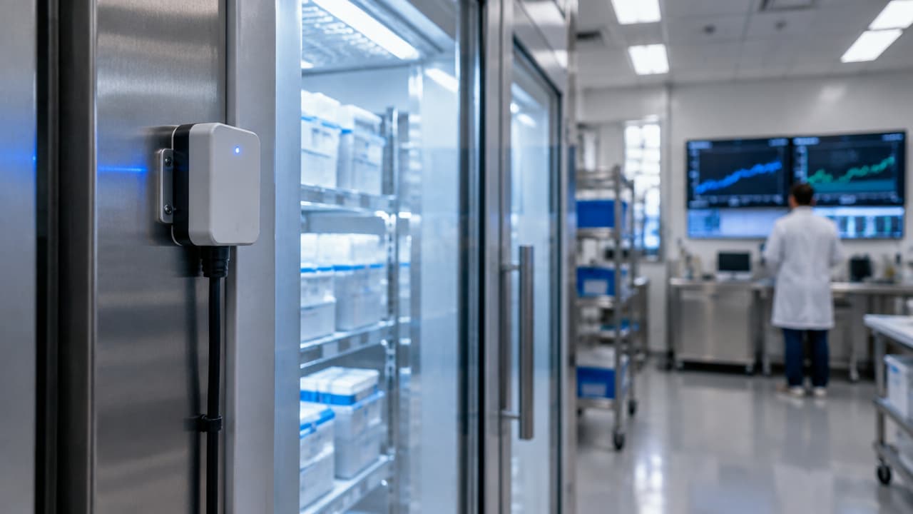 Sensor em uma câmara refrigerada conectado à coleta remota de dados em uma sala técnica