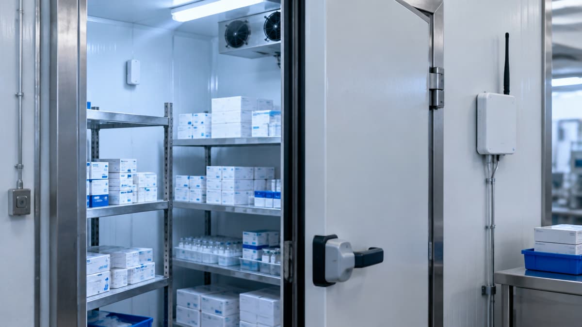 Wireless sensor in a pharmaceutical cold storage unit with concentrator installed outside