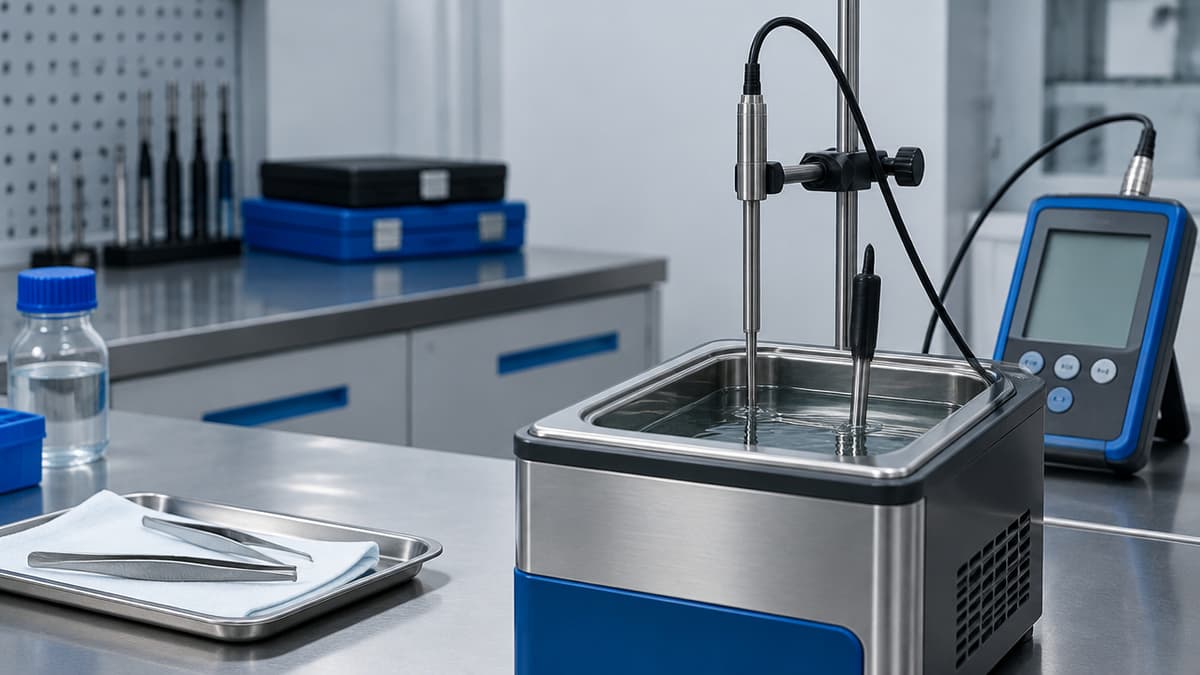 Sonda de temperatura e instrumento de referência comparados em uma bancada de calibração