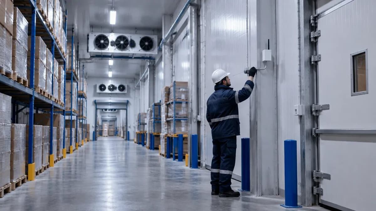 Sensor de temperatura próximo a la puerta y a los equipos frigoríficos dentro de una cámara fría