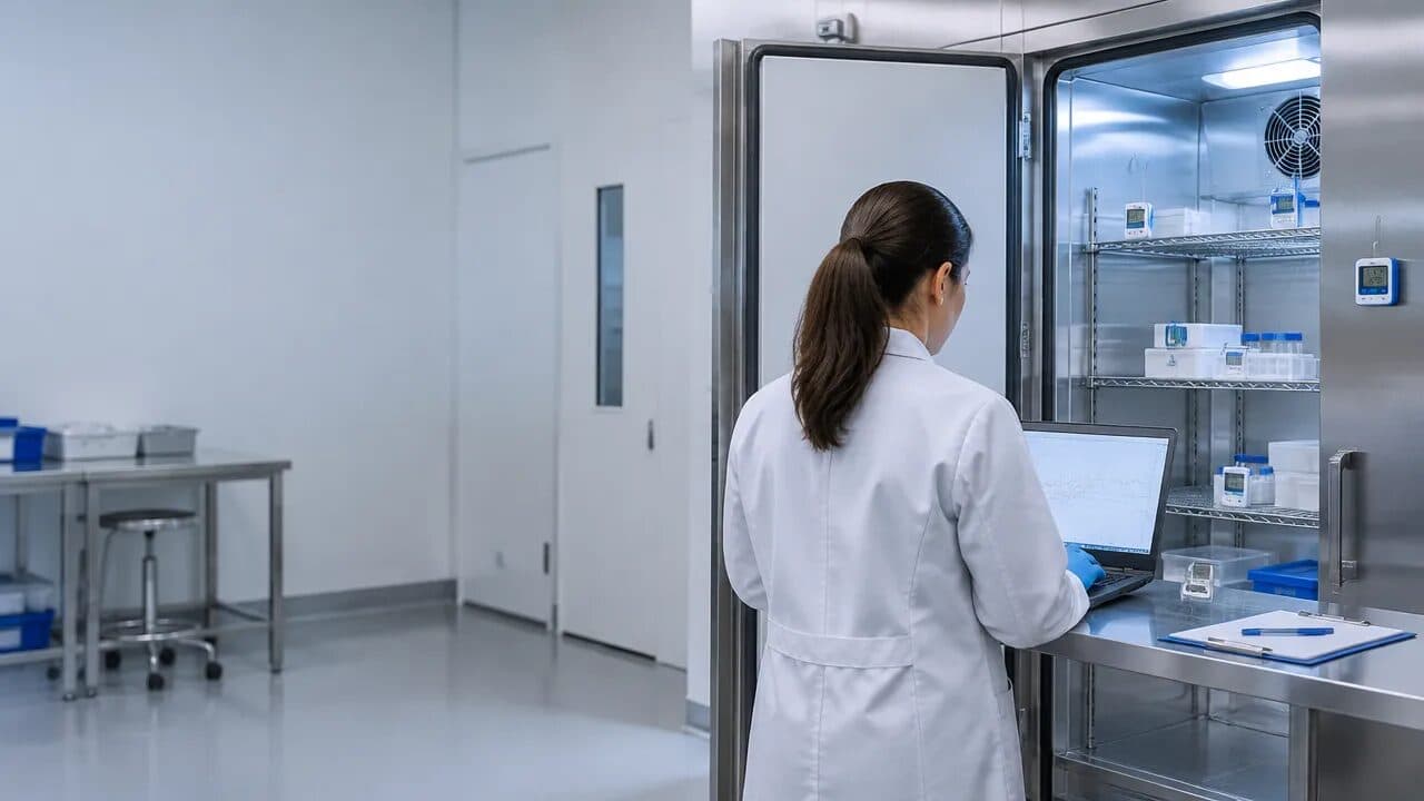 Técnico posiciona sensores en una cámara fría para planificar un estudio de calificación térmica